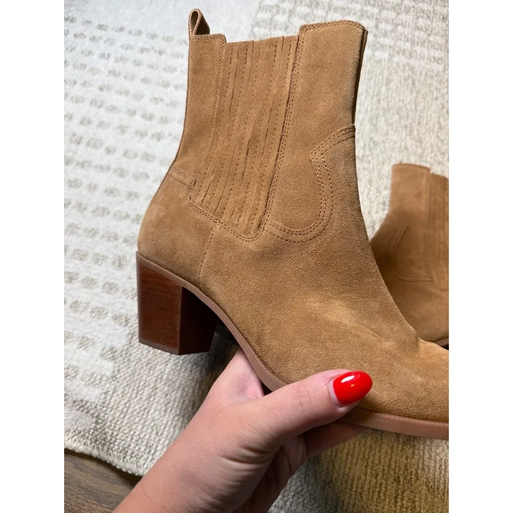 Dolce Vita Tan Suede Western Pointed Toe Ankle Boots Block Heel Women Size 11